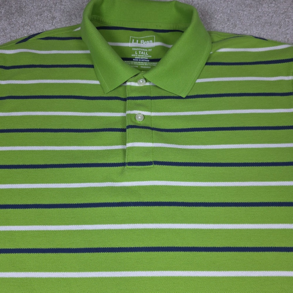LL Bean Polo Shirt Men L Tall Lime Green Striped Traditional Fit Cotton 501990